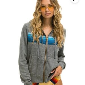 Aviator Nation Gray Zip Hoodie and sweatpants with Blue Gradient Stripe